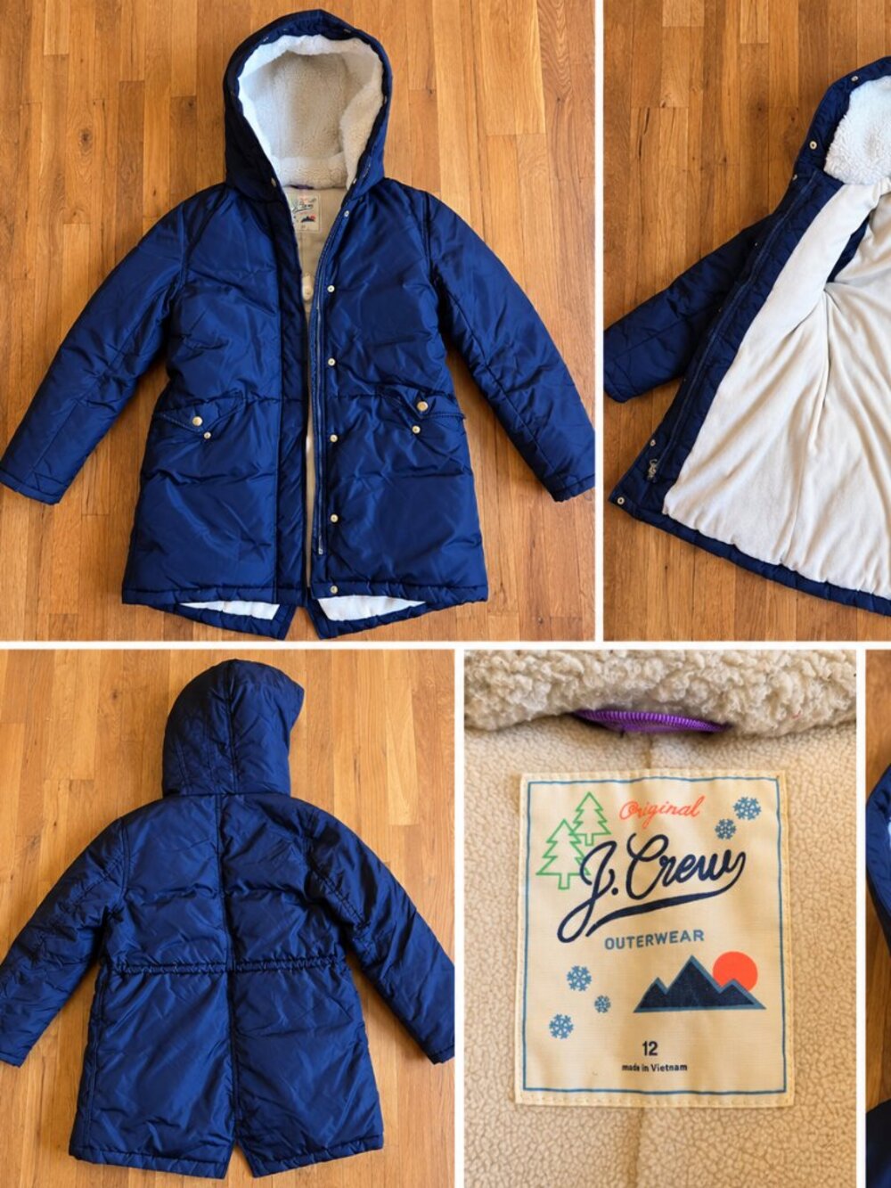 J.Crew Boys Navy Blue Sherpa Fleece Lined Hooded Winter Parka Coat Size 12